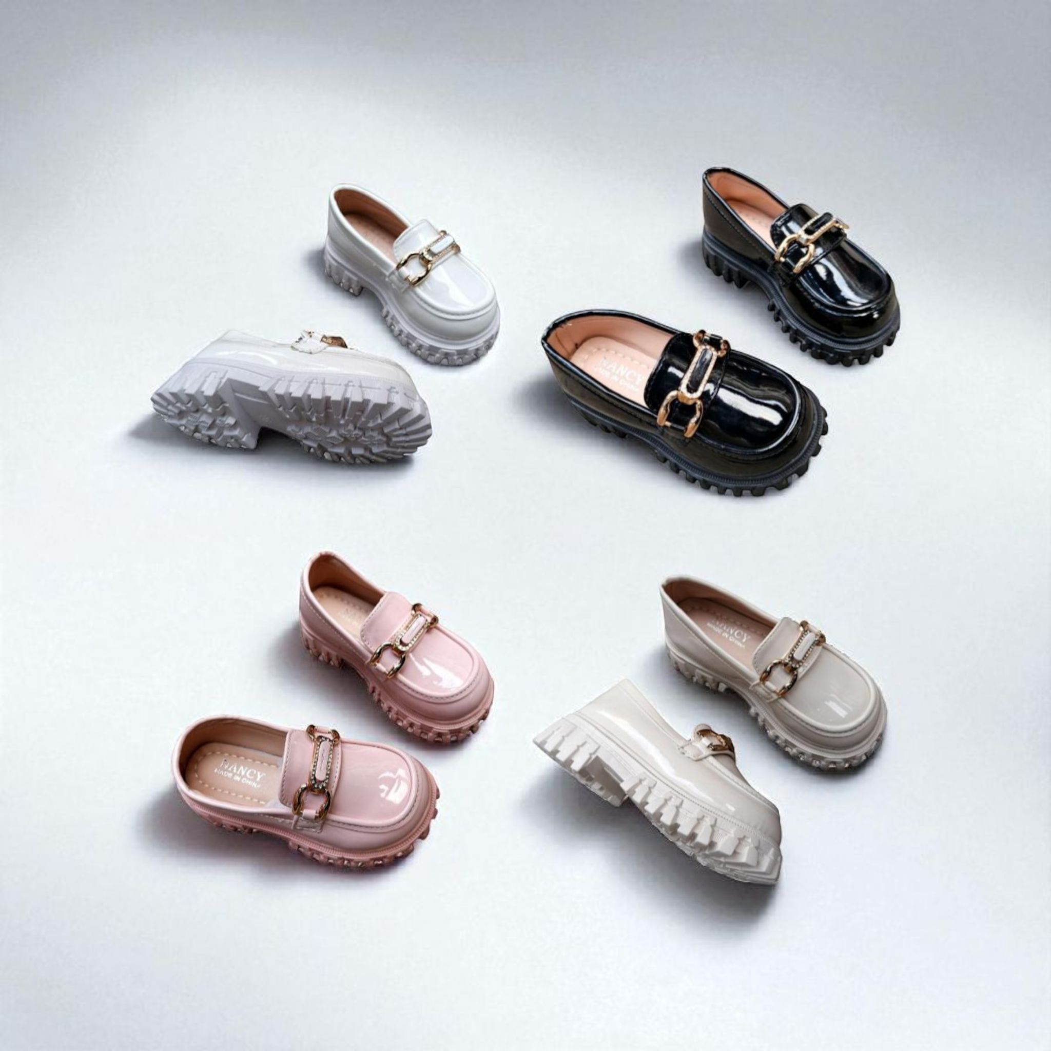 Chunky Girls' Buckle loafers. Stylish, trendy and fashion girls slip-ons. Versatile loafers for dresses, school or play. Trendy platform loafers for young fashionistas.