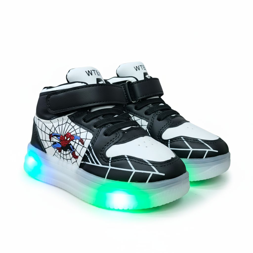 Marvel Spider Man Light-up High-top Sneakers for Boys. Black & white web design. Spiderman Flashing high-top shoes for toddler or little boys. Durable Hight-top Sneakers with Iconic Webbing.