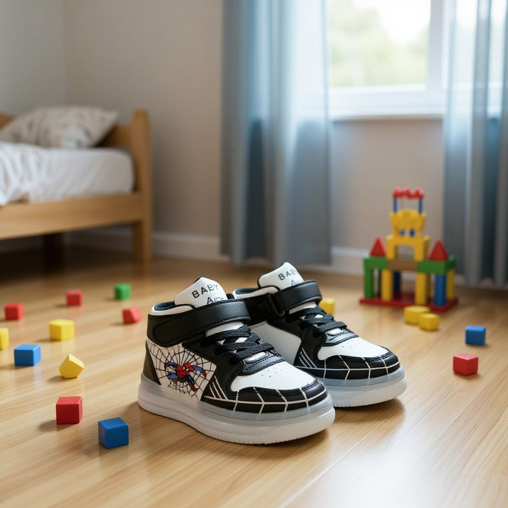 Marvel Spider Man Light-up High-top Sneakers for Boys. Black & white web design. Spiderman Flashing high-top shoes for toddler or little boys. Durable Hight-top Sneakers with Iconic Webbing.