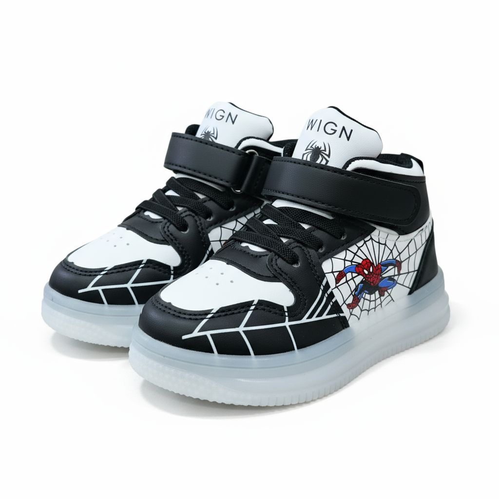 Marvel Spider Man Light-up High-top Sneakers for Boys. Black & white web design. Spiderman Flashing high-top shoes for toddler or little boys. Durable Hight-top Sneakers with Iconic Webbing.
