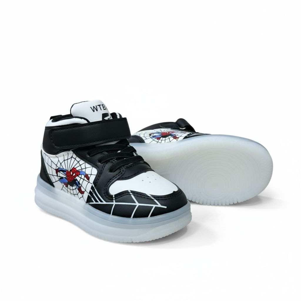 Marvel Spider Man Light-up High-top Sneakers for Boys. Black & white web design. Spiderman Flashing high-top shoes for toddler or little boys. Durable Hight-top Sneakers with Iconic Webbing.
