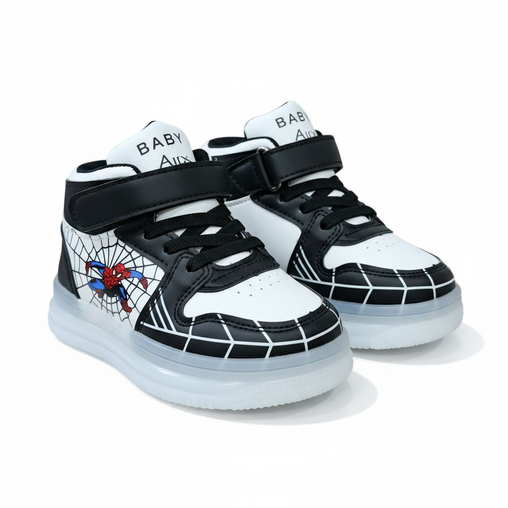 Marvel Spider Man Light-up High-top Sneakers for Boys. Black & white web design. Spiderman Flashing high-top shoes for toddler or little boys. Durable Hight-top Sneakers with Iconic Webbing.