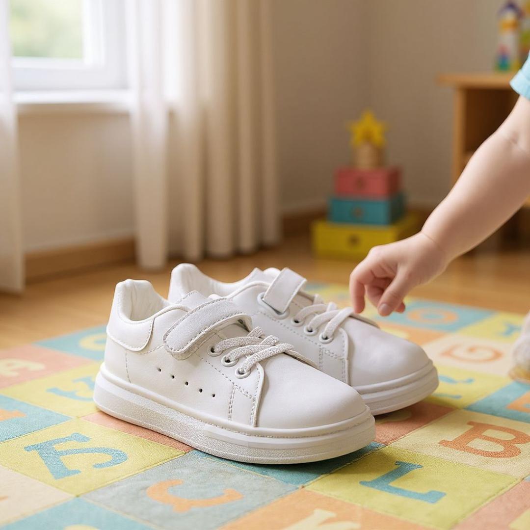 Classic white sneakers. Comfortable , versatile kids white sport shoes. School casual, minimalist, sporty white sport shoes. Clean and fresh look of a white sneaker.