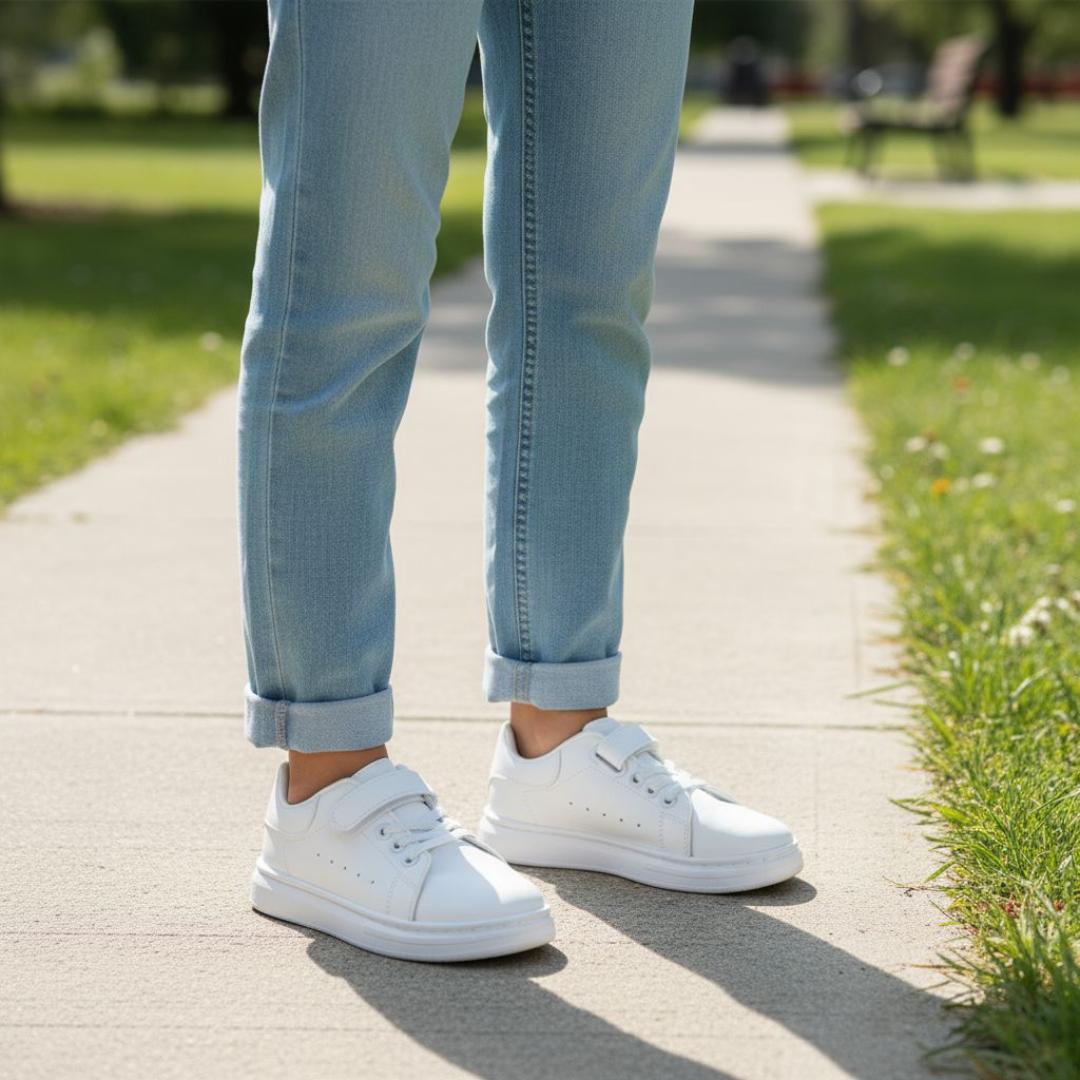 Classic white sneakers. Comfortable , versatile kids white sport shoes. School casual, minimalist, sporty white sport shoes. Clean and fresh look of a white sneaker.