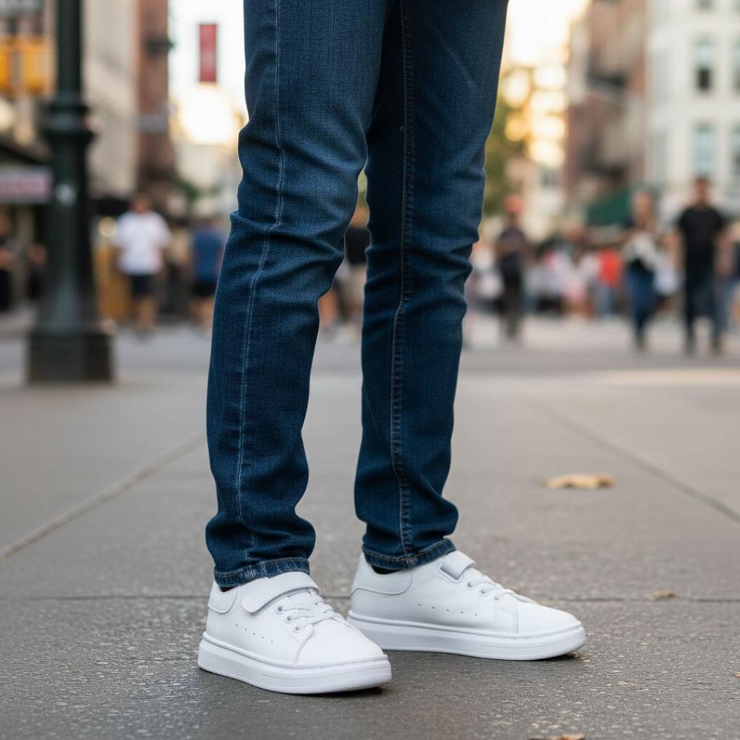 Classic white sneakers. Comfortable , versatile kids white sport shoes. School casual, minimalist, sporty white sport shoes. Clean and fresh look of a white sneaker.