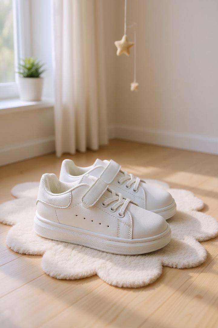 Classic white sneakers. Comfortable , versatile kids white sport shoes. School casual, minimalist, sporty white sport shoes. Clean and fresh look of a white sneaker.