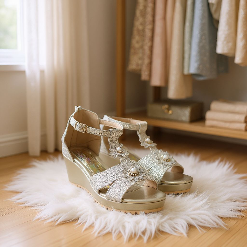 Enchanted Steps, Adorable Floral  & Pearl Girls Summer Wedges. Gold T-Strap Comfort Wedge Sandals For Girls. Girls perfect Wedding Guest And Holiday Dress up Wedges. Glamorous Photo shoot shoes.