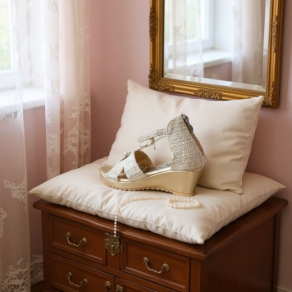 Enchanted Steps, Adorable Floral  & Pearl Girls Summer Wedges. Gold T-Strap Comfort Wedge Sandals For Girls. Girls perfect Wedding Guest And Holiday Dress up Wedges. Glamorous Photo shoot shoes.