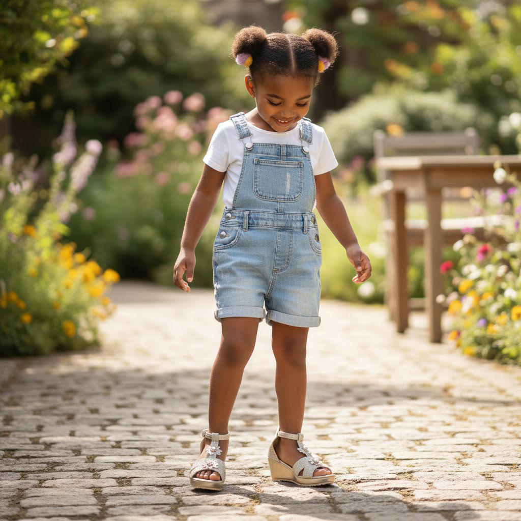Enchanted Steps, Adorable Floral  & Pearl Girls Summer Wedges. Gold T-Strap Comfort Wedge Sandals For Girls. Girls perfect Wedding Guest And Holiday Dress up Wedges. Glamorous Photo shoot shoes.