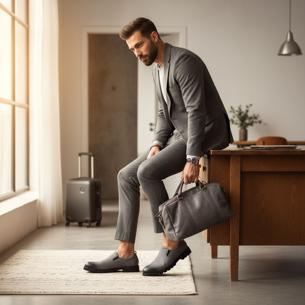 The Executive Glide Slip-On Leather Loafers for the Modern Man. Grey Leather Slip-Ons With Durable Tread. Instant Upgrade, Premium Grey Faux Leather comfort slip-ons. The essential comfort loafers. Wa