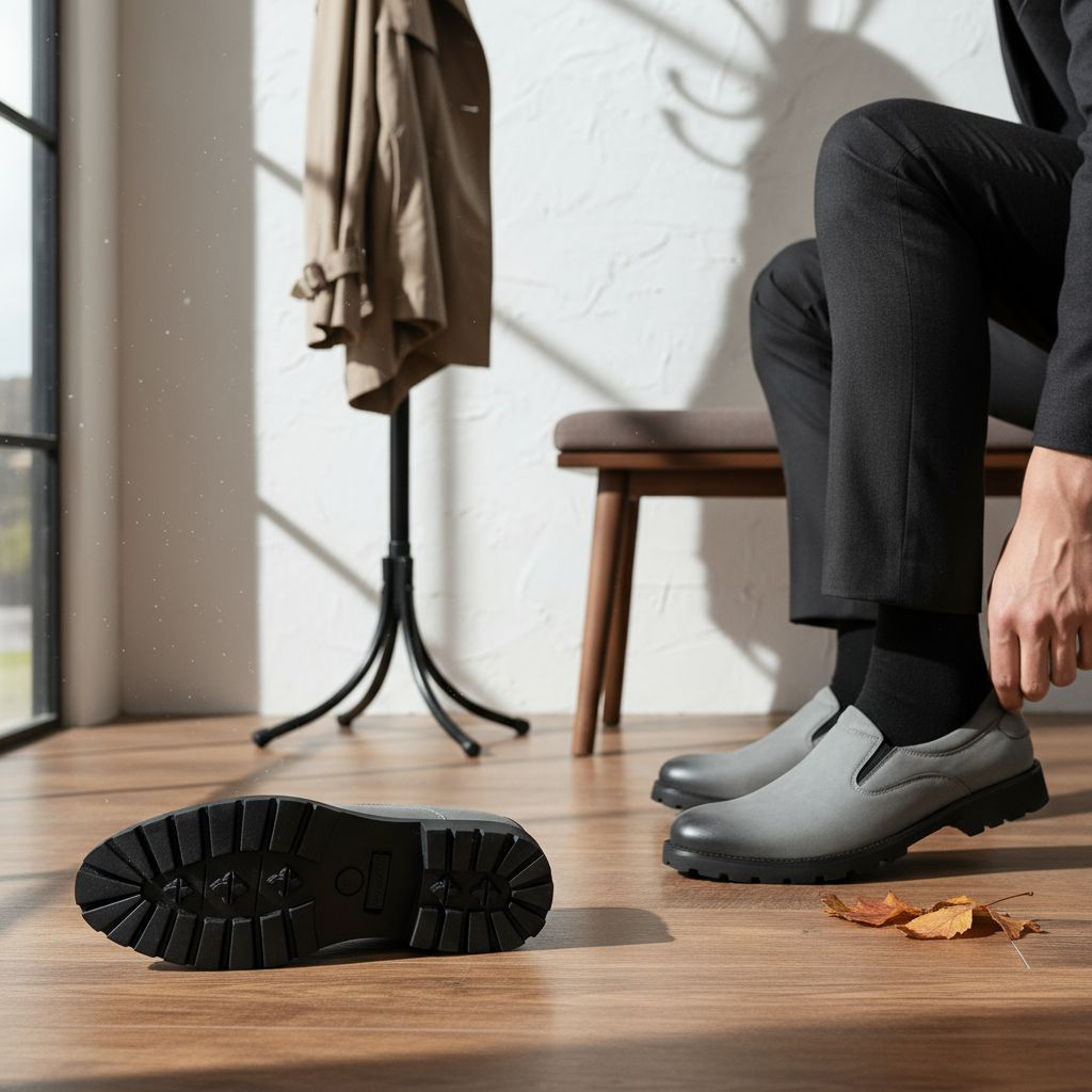 The Executive Glide Slip-On Leather Loafers for the Modern Man. Grey Leather Slip-Ons With Durable Tread. Instant Upgrade, Premium Grey Faux Leather comfort slip-ons. The essential comfort loafers. Wa