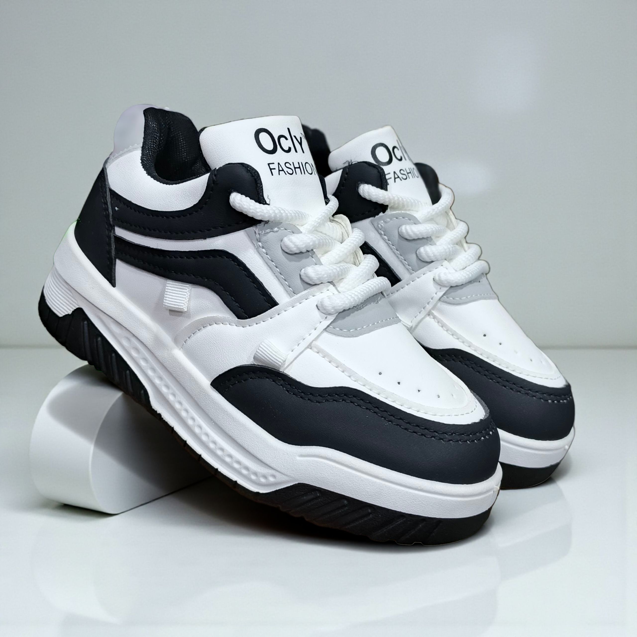 Kids' Classic Black & White Fashion Sneakers, Lightweight High-Top Trainers. Stylish Oclo Fashion Sport Shoes for Boys & Girls.  Comfortable & Durable;  Junior Court Style Sneakers ,Easy-Wear Lace-Up