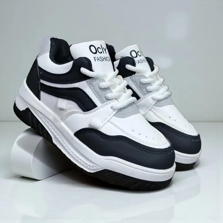 Kids' Classic Black & White Fashion Sneakers, Lightweight High-Top Trainers. Stylish Oclo Fashion Sport Shoes for Boys & Girls.  Comfortable & Durable;  Junior Court Style Sneakers ,Easy-Wear Lace-Up