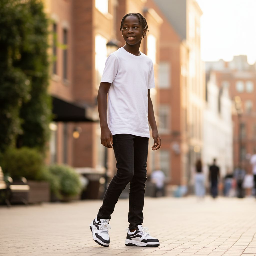 Kids' Classic Black & White Fashion Sneakers, Lightweight High-Top Trainers. Stylish Oclo Fashion Sport Shoes for Boys & Girls.  Comfortable & Durable;  Junior Court Style Sneakers ,Easy-Wear Lace-Up