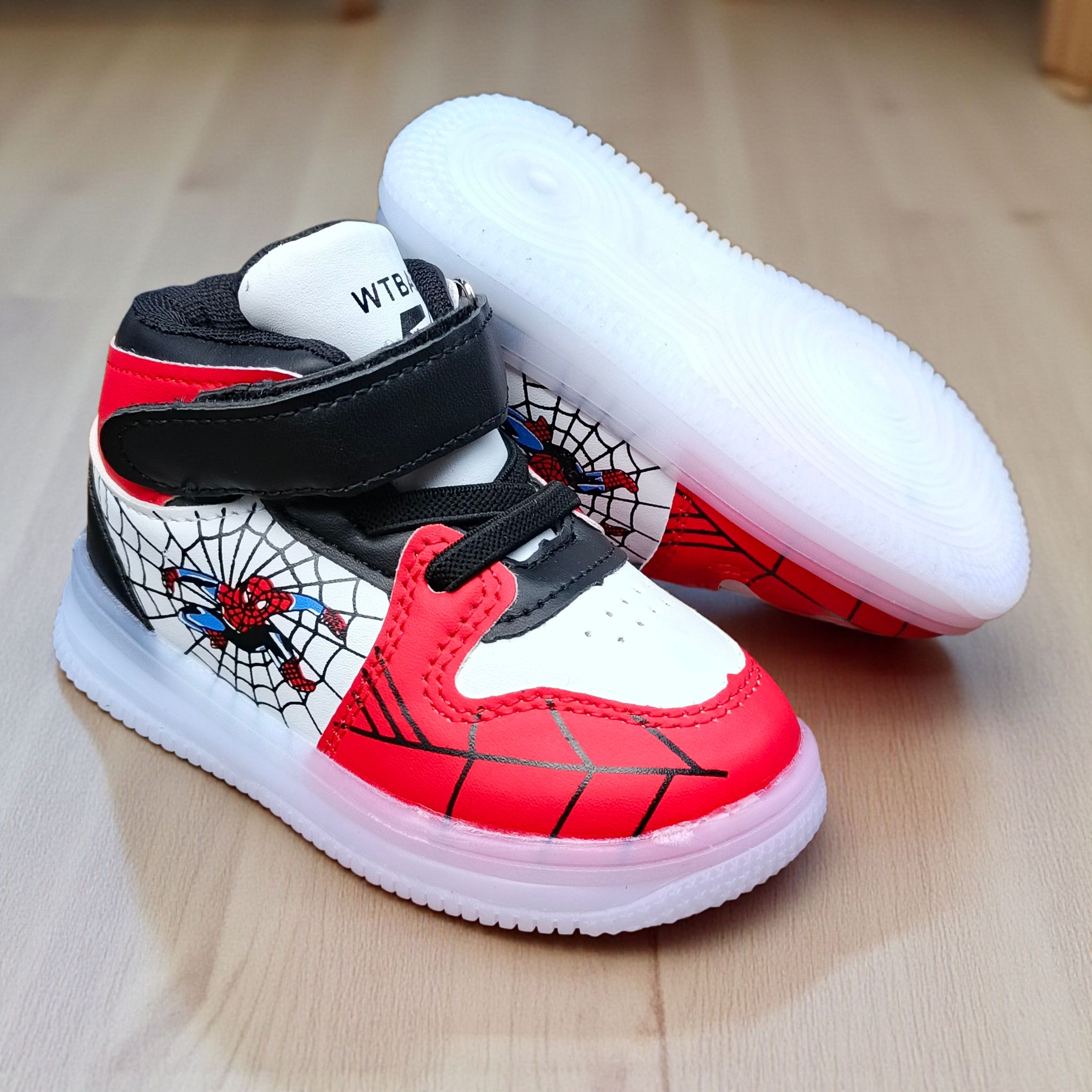 Marvel Spider Man Light-up High-top Sneakers for Boys. Red, black & white web design. Spiderman Flashing high-top shoes for toddler or little boys. Durable Hight-top Sneakers with Iconic Webbing, Red