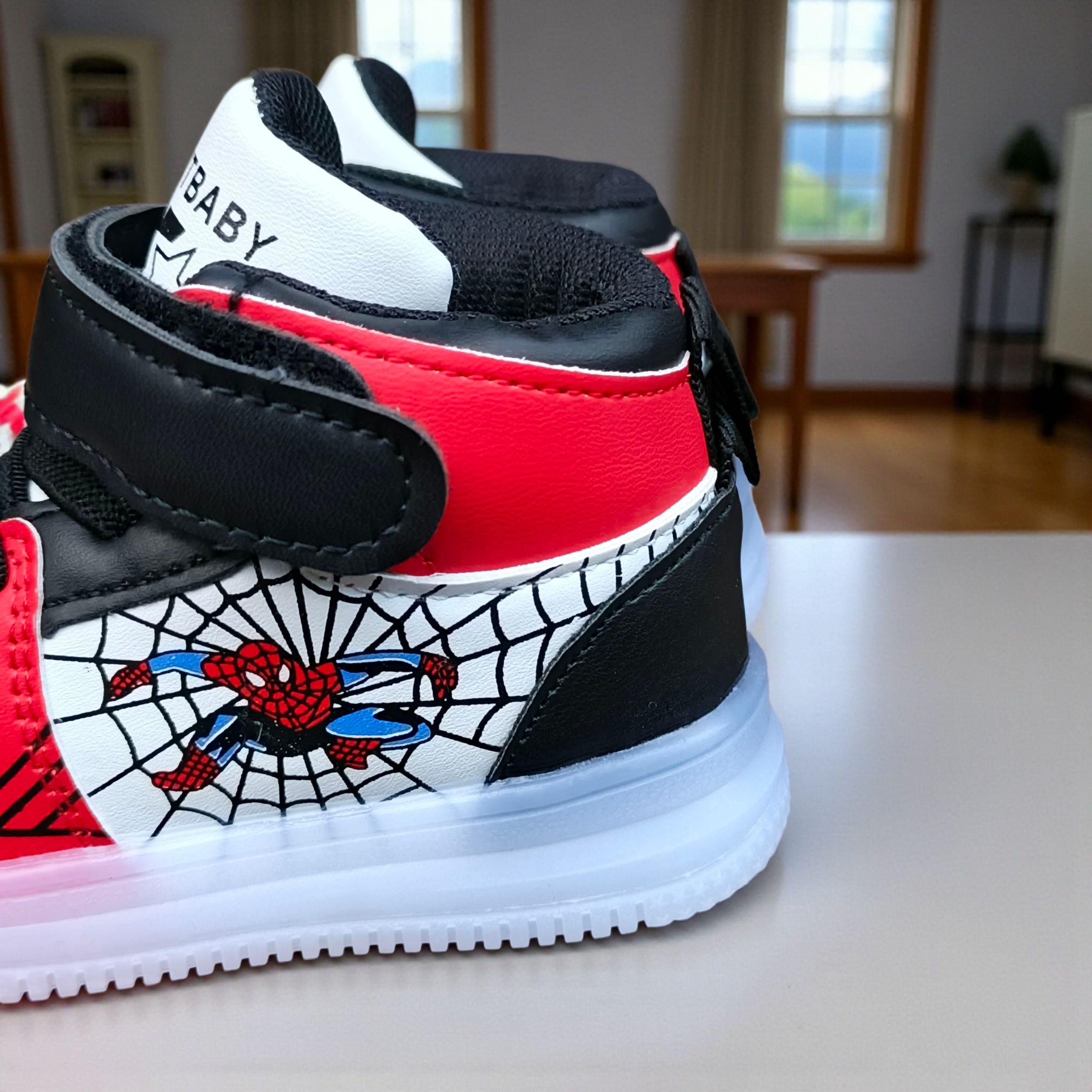 Marvel Spider Man Light-up High-top Sneakers for Boys. Red, black & white web design. Spiderman Flashing high-top shoes for toddler or little boys. Durable Hight-top Sneakers with Iconic Webbing, Red