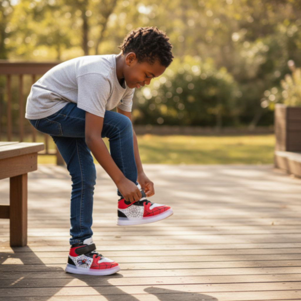 Marvel Spider Man Light-up High-top Sneakers for Boys. Red, black & white web design. Spiderman Flashing high-top shoes for toddler or little boys. Durable Hight-top Sneakers with Iconic Webbing, Red