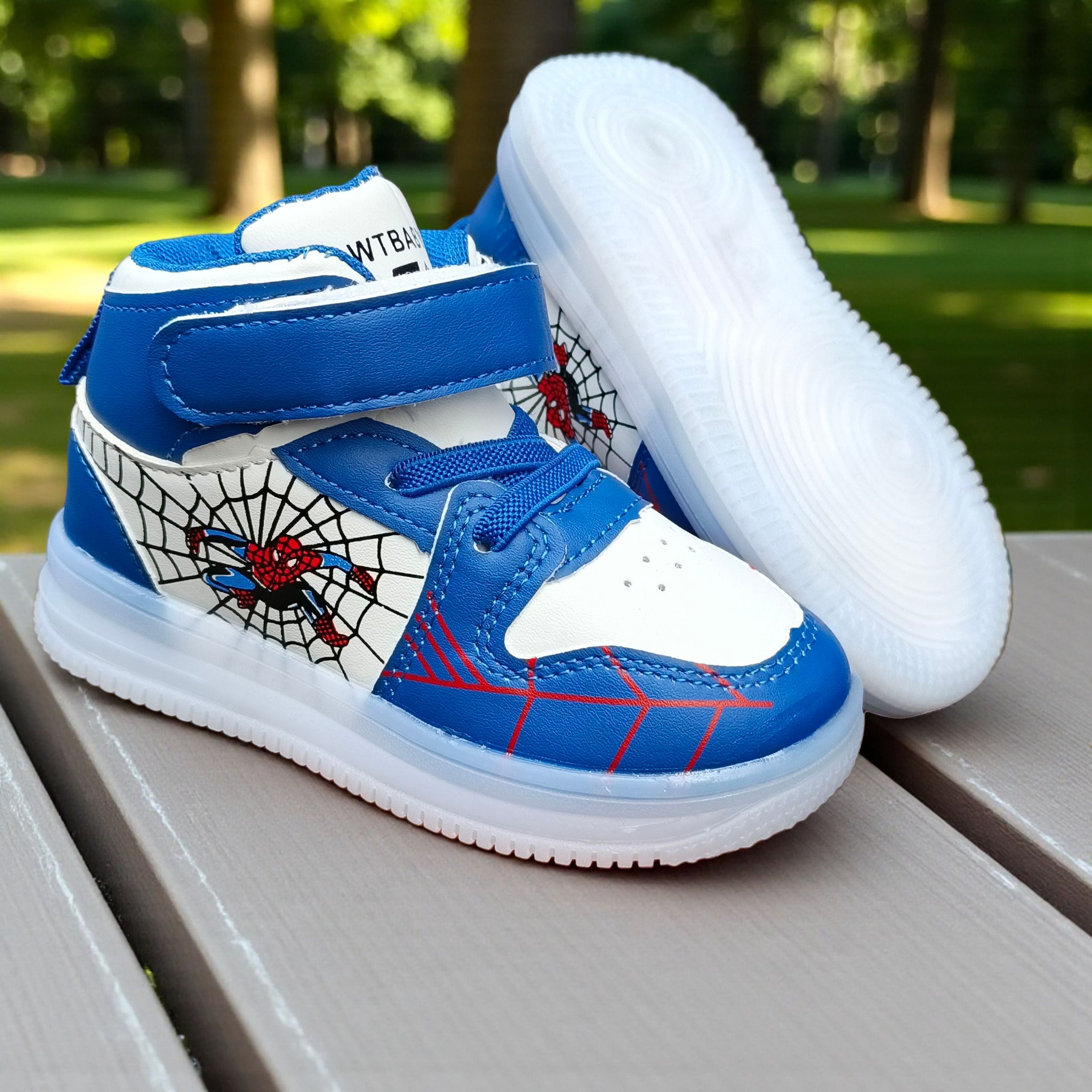 Marvel Spider Man Light-up High-top Sneakers for Boys. Blue , black & white web design. Spiderman Flashing high-top shoes for toddler or little boys. Durable Hight-top Sneakers with Iconic Webbing.