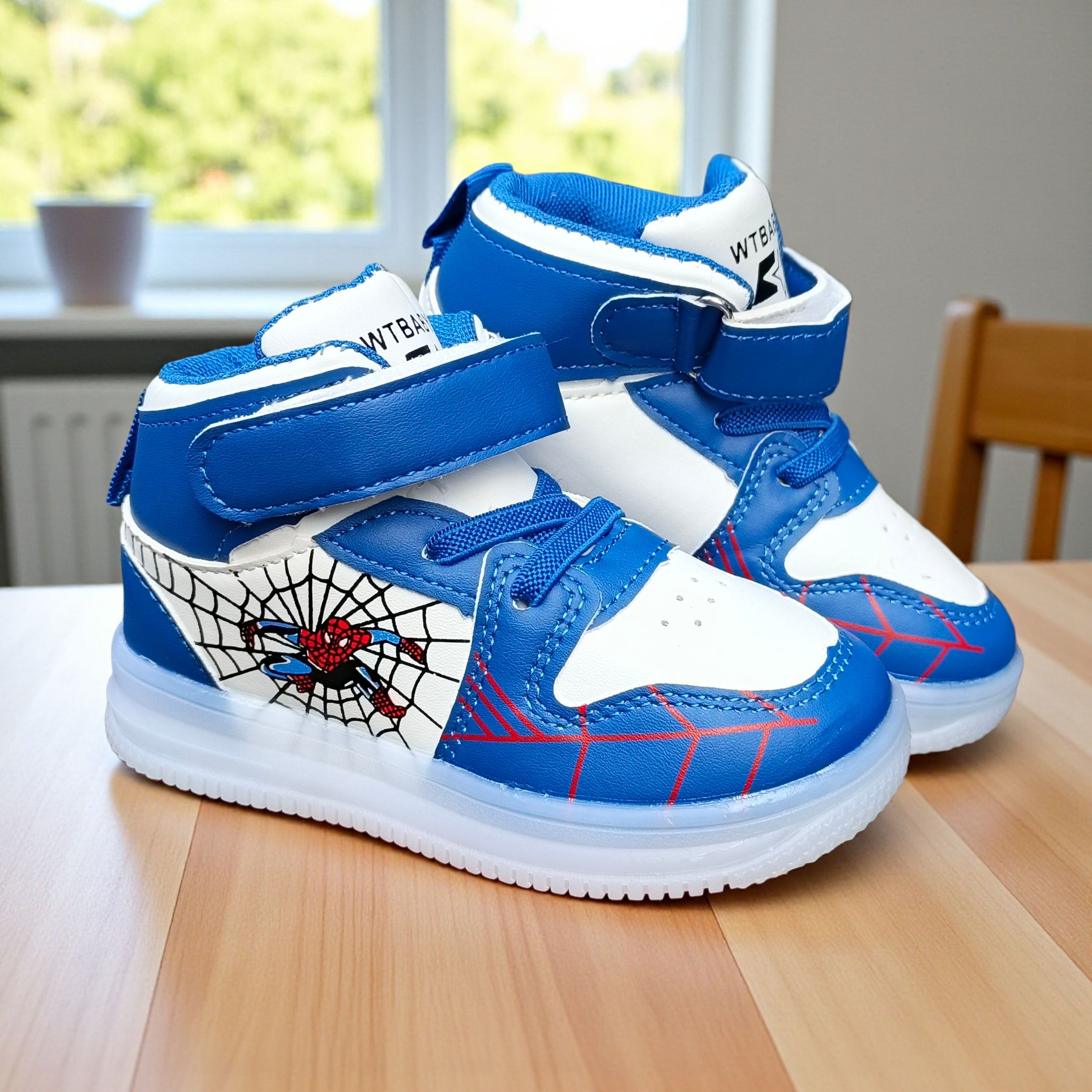 Marvel Spider Man Light-up High-top Sneakers for Boys. Blue , black & white web design. Spiderman Flashing high-top shoes for toddler or little boys. Durable Hight-top Sneakers with Iconic Webbing.