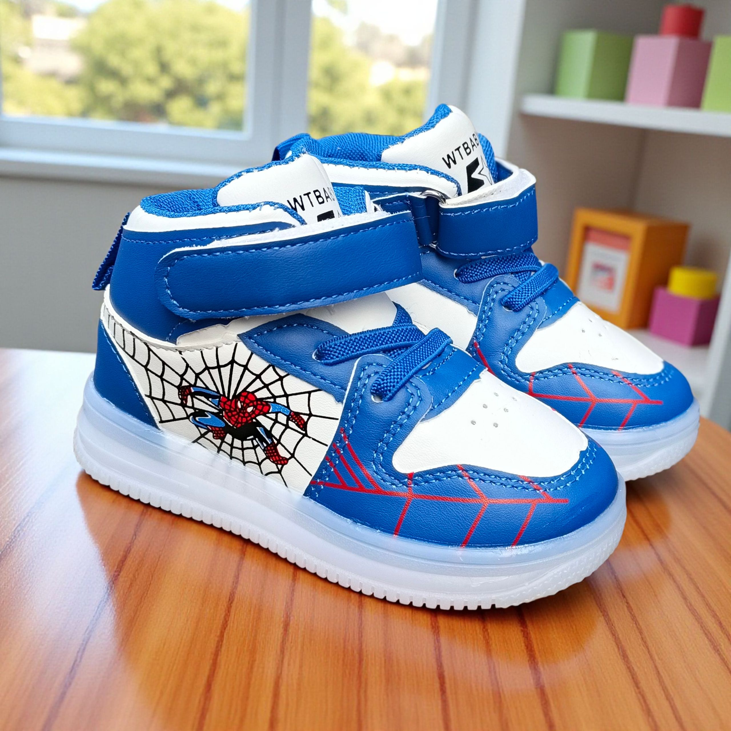 Marvel Spider Man Light-up High-top Sneakers for Boys. Blue , black & white web design. Spiderman Flashing high-top shoes for toddler or little boys. Durable Hight-top Sneakers with Iconic Webbing.