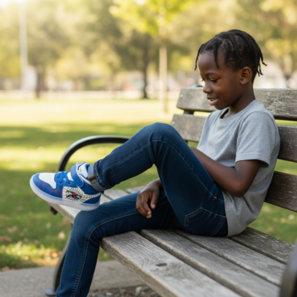 Marvel Spider Man Light-up High-top Sneakers for Boys. Blue , black & white web design. Spiderman Flashing high-top shoes for toddler or little boys. Durable Hight-top Sneakers with Iconic Webbing.
