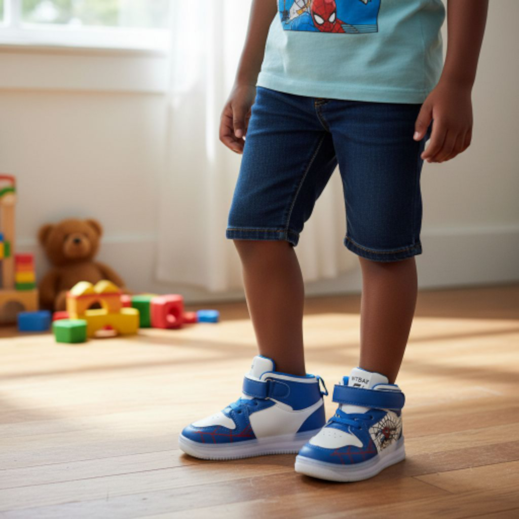 Marvel Spider Man Light-up High-top Sneakers for Boys. Blue , black & white web design. Spiderman Flashing high-top shoes for toddler or little boys. Durable Hight-top Sneakers with Iconic Webbing.