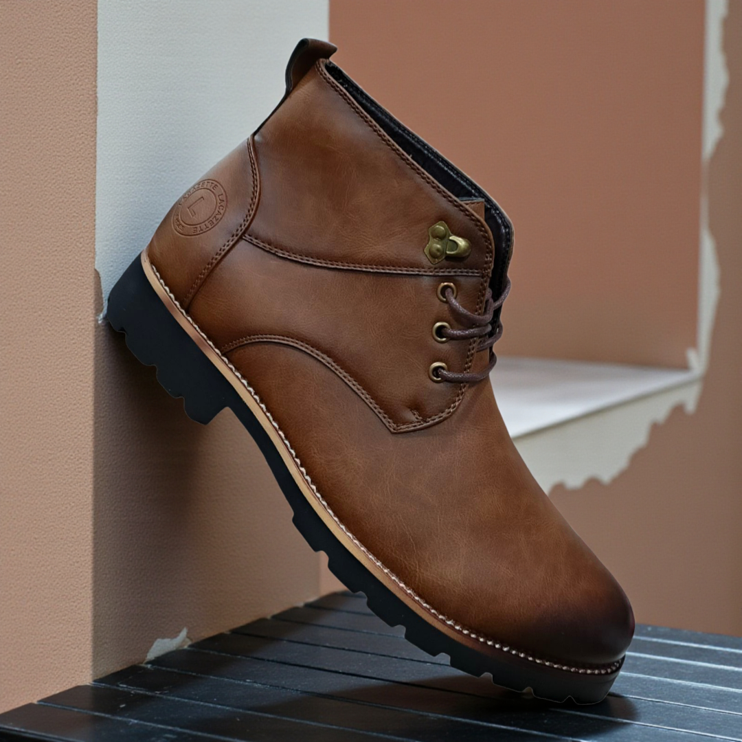 Lacazette Fashion Men's Brown Leather Casual Boots. Men's Tan Brown Mid-Top Leather Boots, Lace-Up Ankle Boots for Men. Versatile Brown Leather Boots for Everyday Wear.