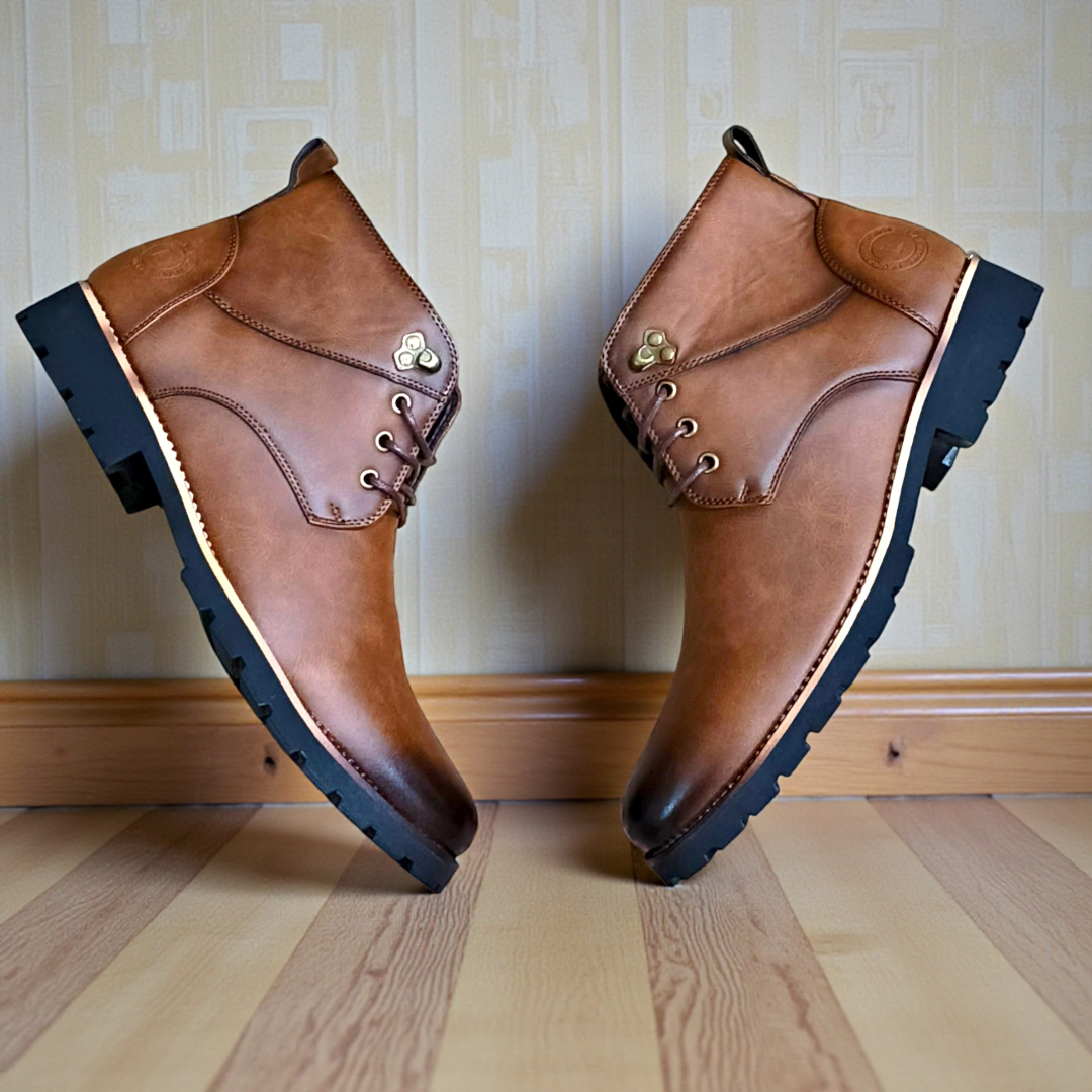 Lacazette Fashion Men's Brown Leather Casual Boots. Men's Tan Brown Mid-Top Leather Boots, Lace-Up Ankle Boots for Men. Versatile Brown Leather Boots for Everyday Wear.