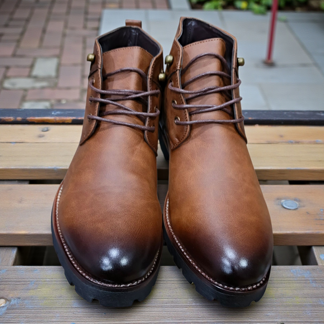 Lacazette Fashion Men's Brown Leather Casual Boots. Men's Tan Brown Mid-Top Leather Boots, Lace-Up Ankle Boots for Men. Versatile Brown Leather Boots for Everyday Wear.