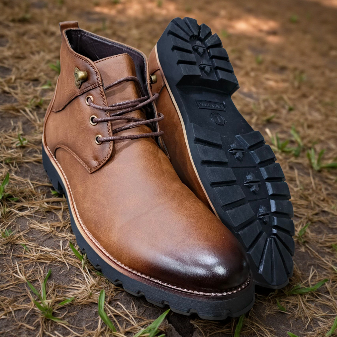 Lacazette Fashion Men's Brown Leather Casual Boots. Men's Tan Brown Mid-Top Leather Boots, Lace-Up Ankle Boots for Men. Versatile Brown Leather Boots for Everyday Wear.