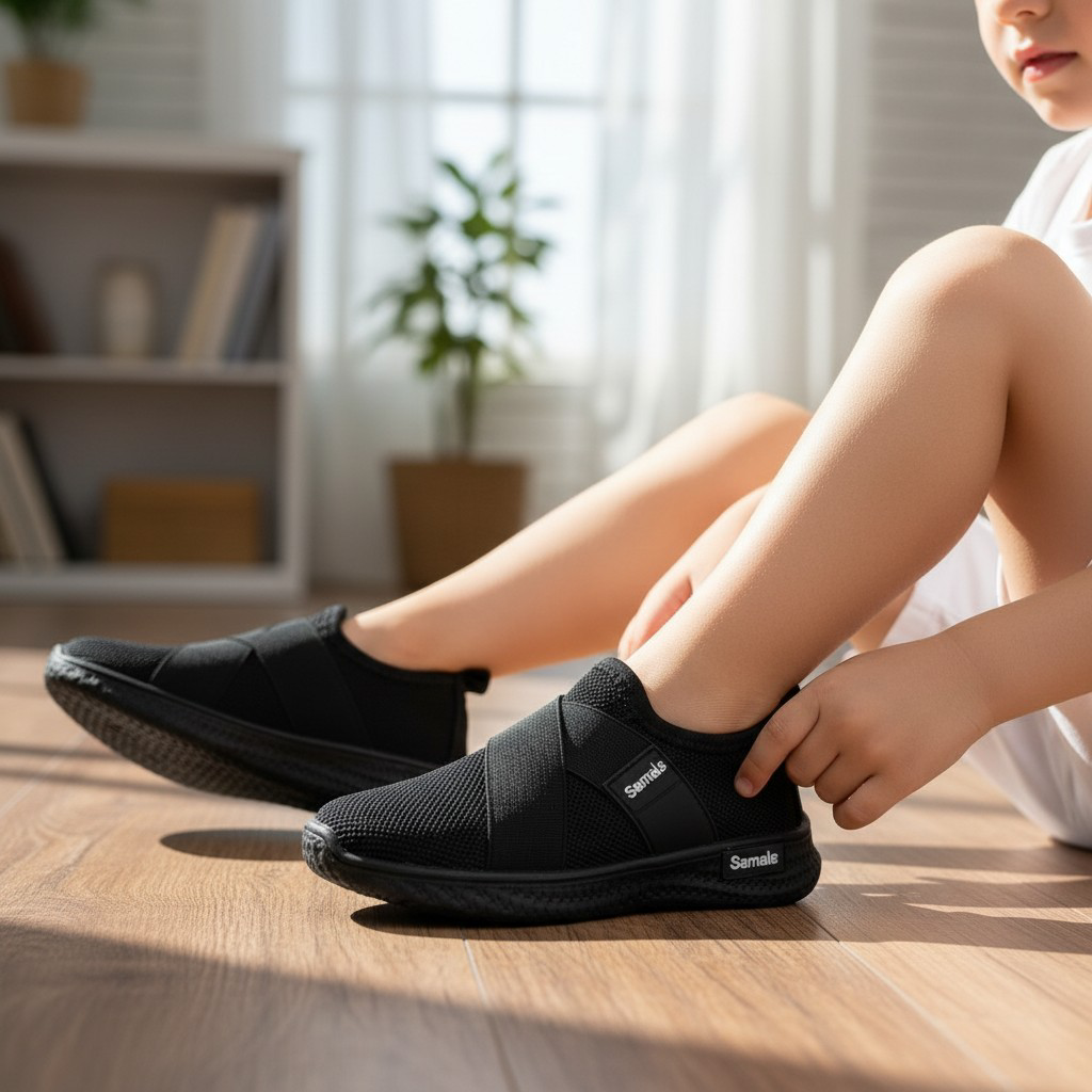 Step into Sleek, All-Black Slip-Ons for kids and adults sneakers. Black never looked this bold, slip-on mesh sneakers. Effortless style in every step, build for the street. School sport shoes.