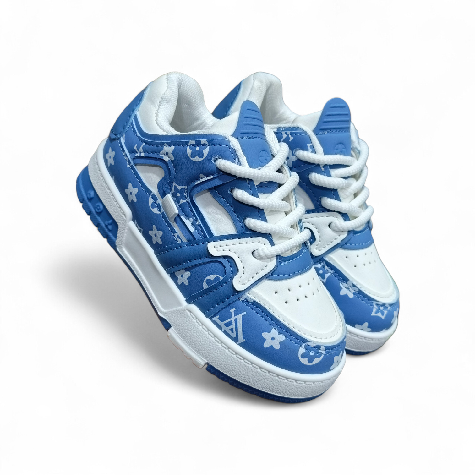 Kids Blue & White stars sneakers. Unisex kids blue star pattern sneaker for kids. Designer inspired kids blue sneakers. Fun and stylish footwear. Easy to wear lace-up kids shoes.