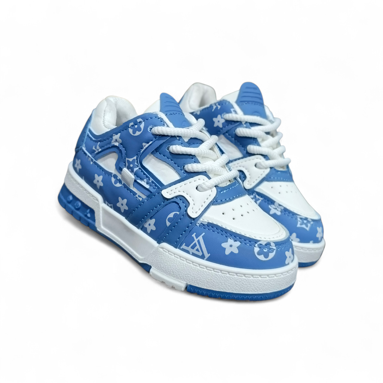 Kids Blue & White stars sneakers. Unisex kids blue star pattern sneaker for kids. Designer inspired kids blue sneakers. Fun and stylish footwear. Easy to wear lace-up kids shoes.