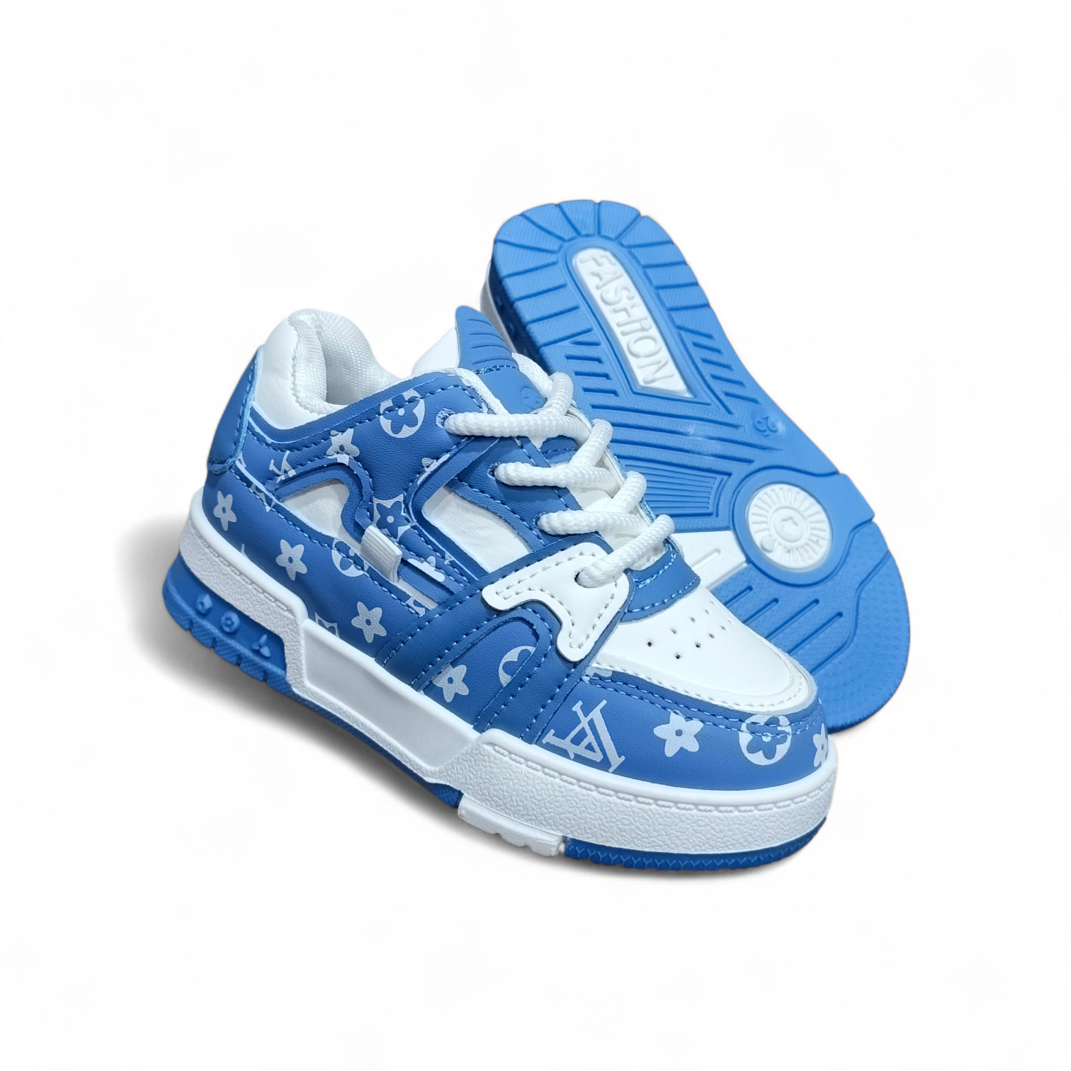 Kids Blue & White stars sneakers. Unisex kids blue star pattern sneaker for kids. Designer inspired kids blue sneakers. Fun and stylish footwear. Easy to wear lace-up kids shoes.