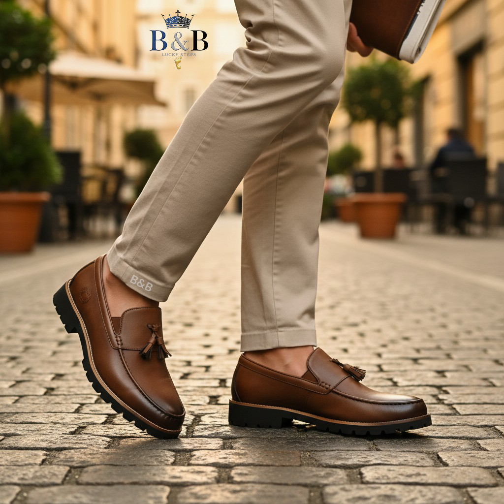 The Hybrid Loafer. Men's Rugged Tassel Loafers in Burnished Walnut,  Heritage Leather Slip-Ons with Commando Lug Soles. Men’s Toffee Brown Faux-Leather Loafers with Cleated Treads.