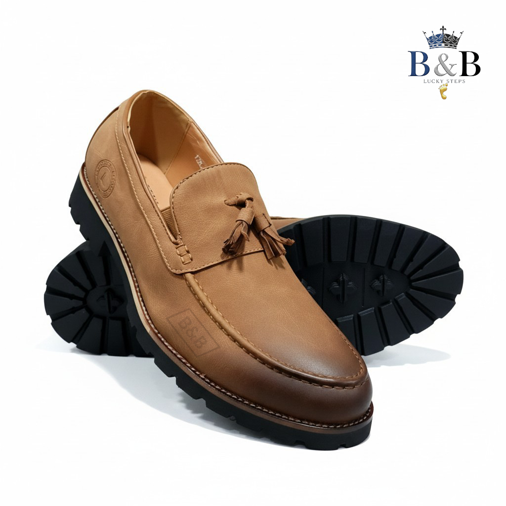 Modern Professional Men's Tan Leather Tassel Loafers with Chunky Commando Sole, B&B Exclusive. The Perfect Blend of Formal Style & All-Terrain Grip. The Urban Explorer Tassel Loafer.