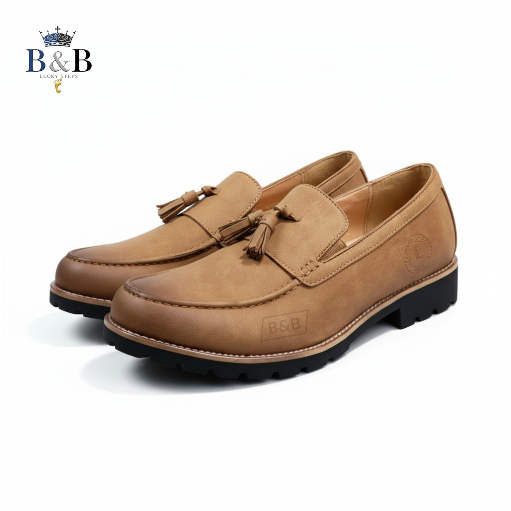 Modern Professional Men's Tan Leather Tassel Loafers with Chunky Commando Sole, B&B Exclusive. The Perfect Blend of Formal Style & All-Terrain Grip. The Urban Explorer Tassel Loafer.