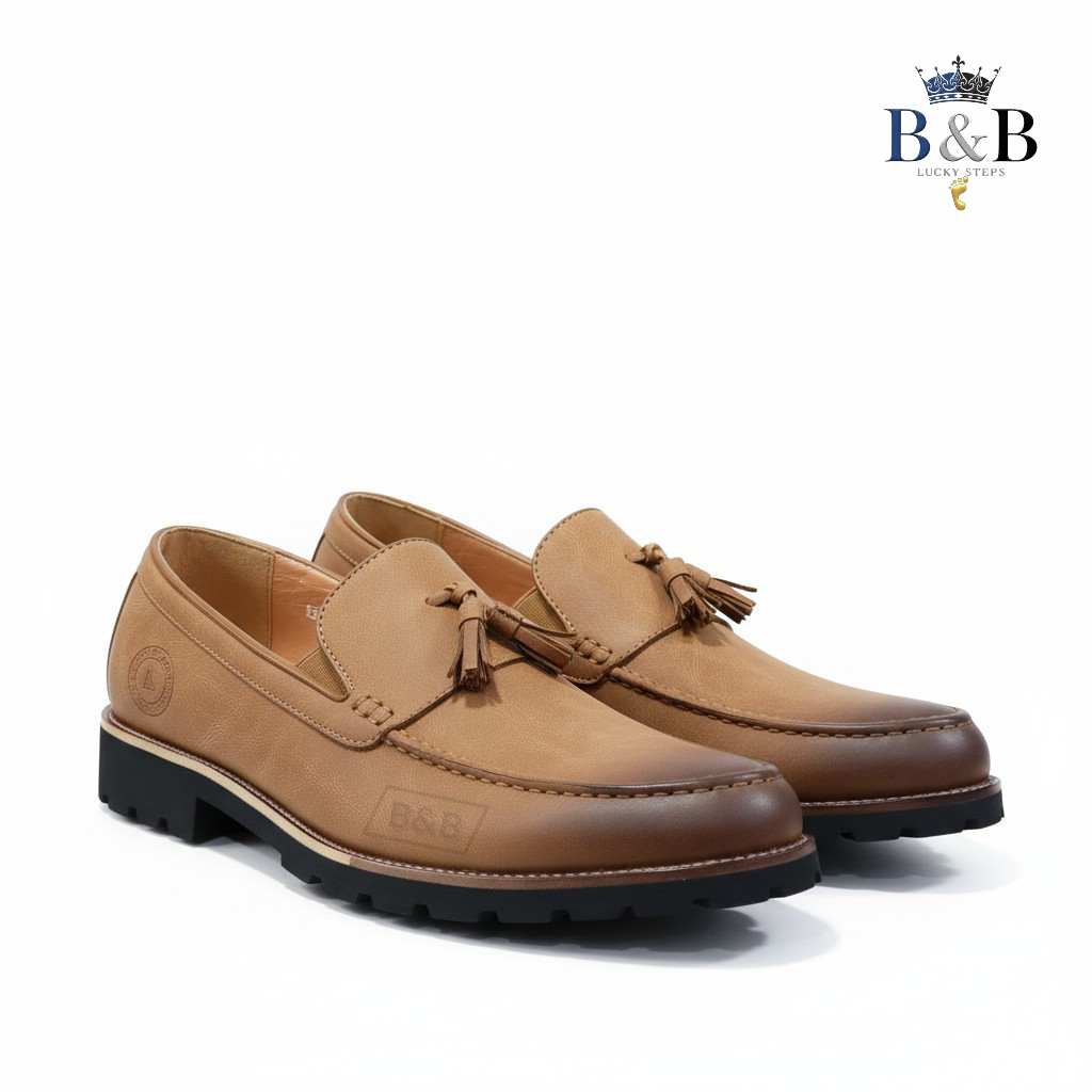Modern Professional Men's Tan Leather Tassel Loafers with Chunky Commando Sole, B&B Exclusive. The Perfect Blend of Formal Style & All-Terrain Grip. The Urban Explorer Tassel Loafer.