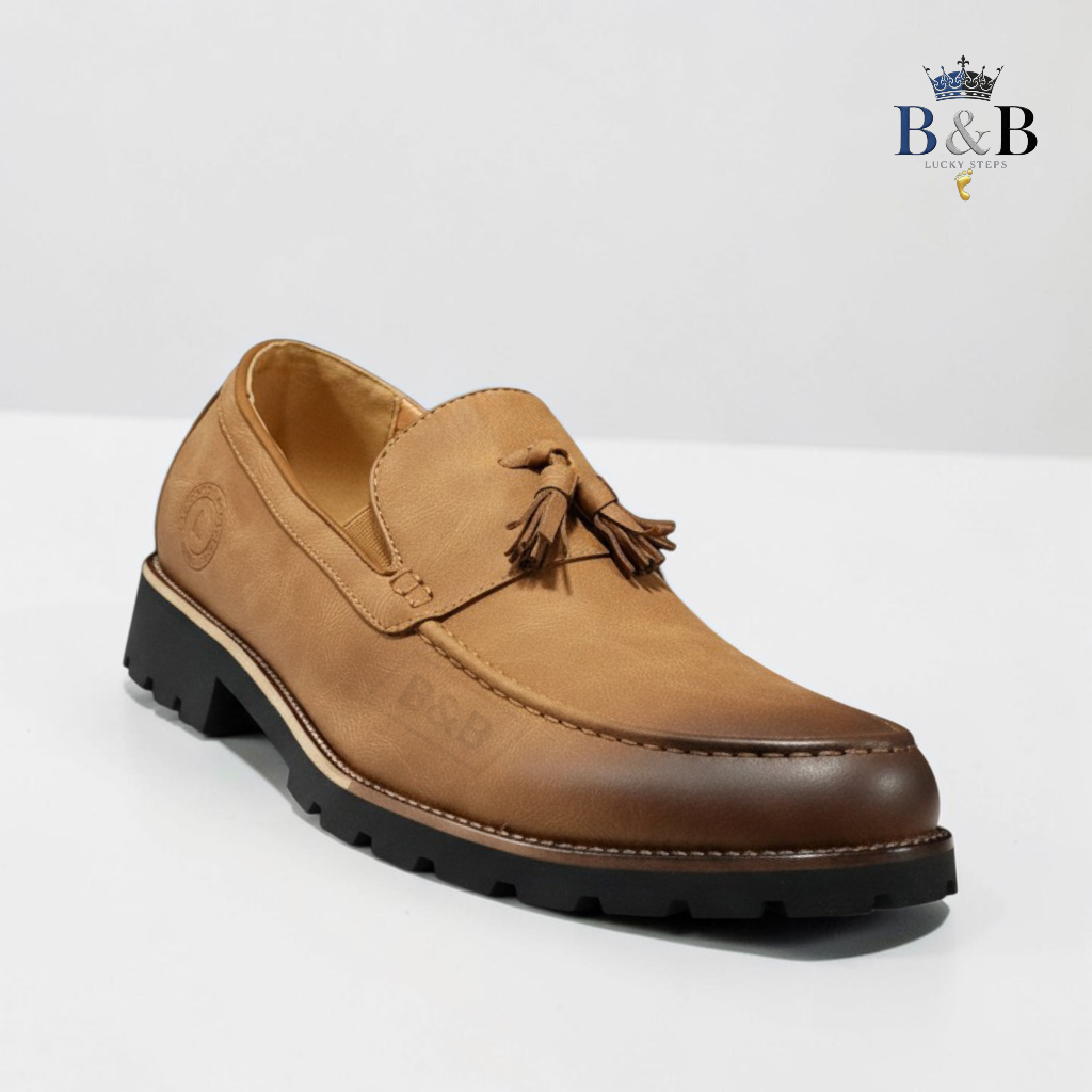 Modern Professional Men's Tan Leather Tassel Loafers with Chunky Commando Sole, B&B Exclusive. The Perfect Blend of Formal Style & All-Terrain Grip. The Urban Explorer Tassel Loafer.
