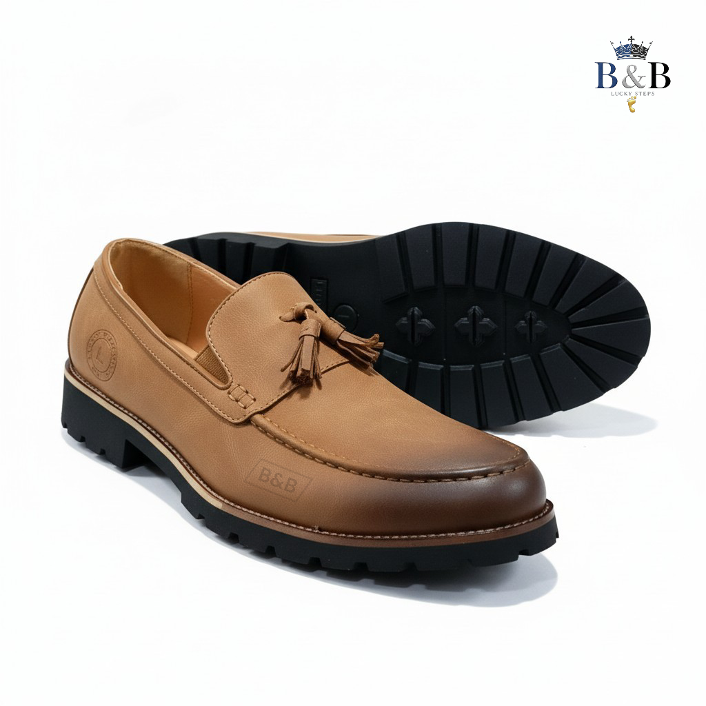 Modern Professional Men's Tan Leather Tassel Loafers with Chunky Commando Sole, B&B Exclusive. The Perfect Blend of Formal Style & All-Terrain Grip. The Urban Explorer Tassel Loafer.