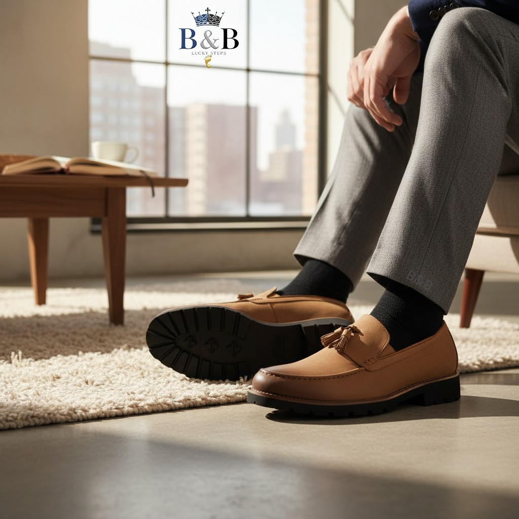Modern Professional Men's Tan Leather Tassel Loafers with Chunky Commando Sole, B&B Exclusive. The Perfect Blend of Formal Style & All-Terrain Grip. The Urban Explorer Tassel Loafer.