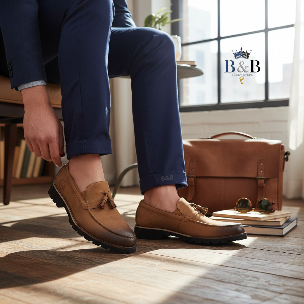 Modern Professional Men's Tan Leather Tassel Loafers with Chunky Commando Sole, B&B Exclusive. The Perfect Blend of Formal Style & All-Terrain Grip. The Urban Explorer Tassel Loafer.