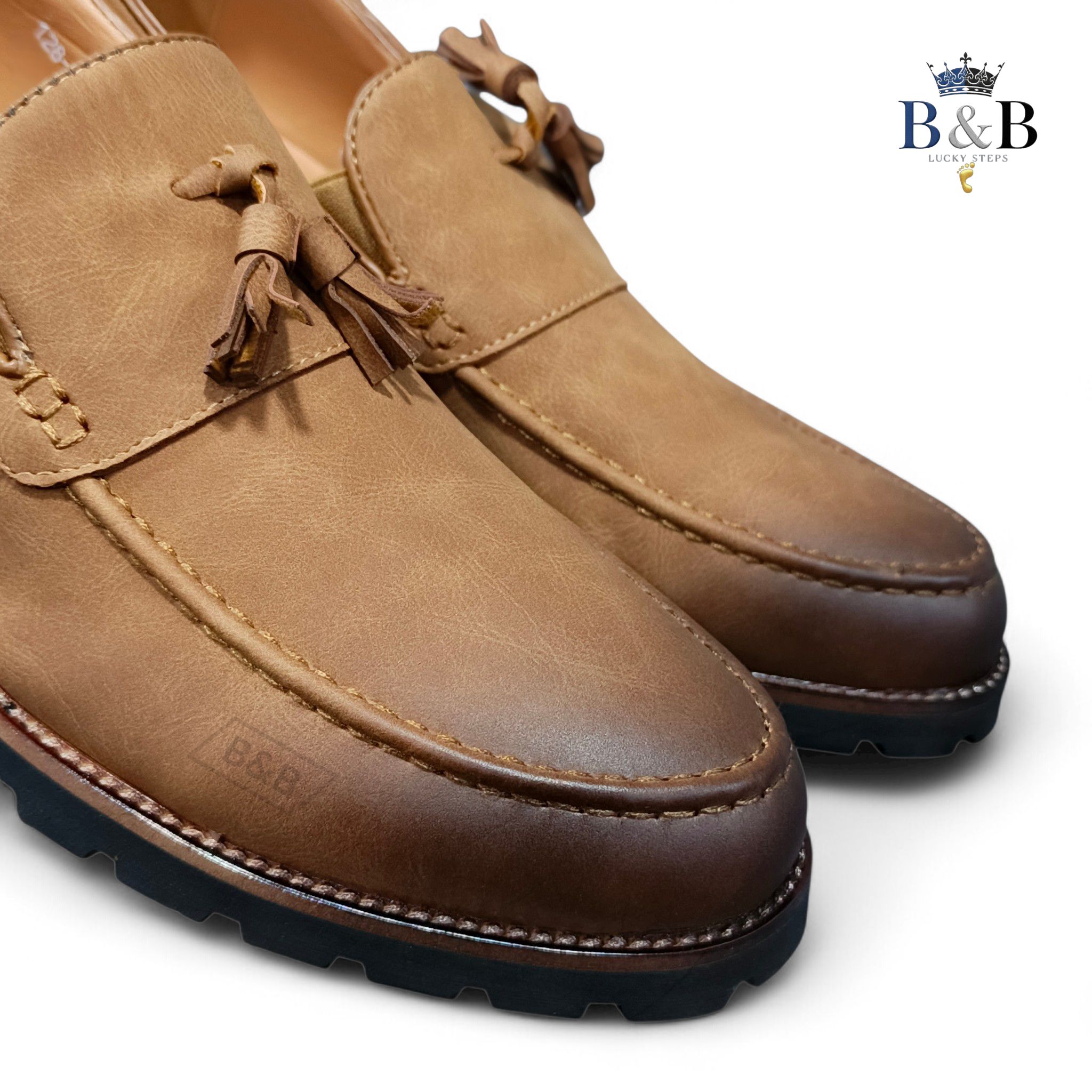 Modern Professional Men's Tan Leather Tassel Loafers with Chunky Commando Sole, B&B Exclusive. The Perfect Blend of Formal Style & All-Terrain Grip. The Urban Explorer Tassel Loafer.