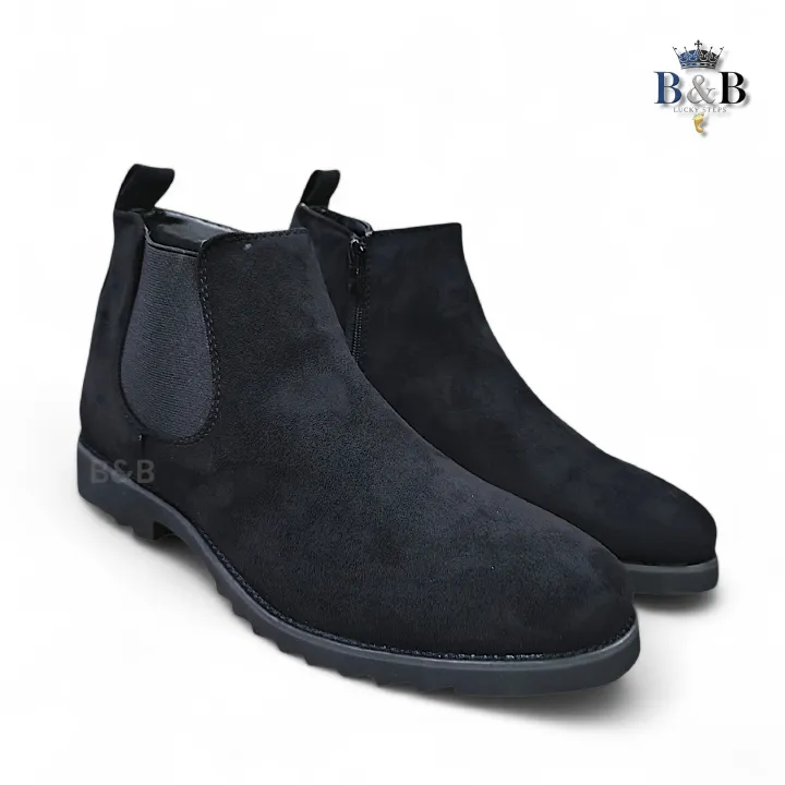 Men’s Premium Black Suede Chelsea Boots, Sleek Side-Zip Ankle Boots. Urban Suede Chelsea Boots in Matte Black, Trendy and Lifestyle Oriented. Formal Black Suede Ankle Boots with Easy-Access Side Zippe
