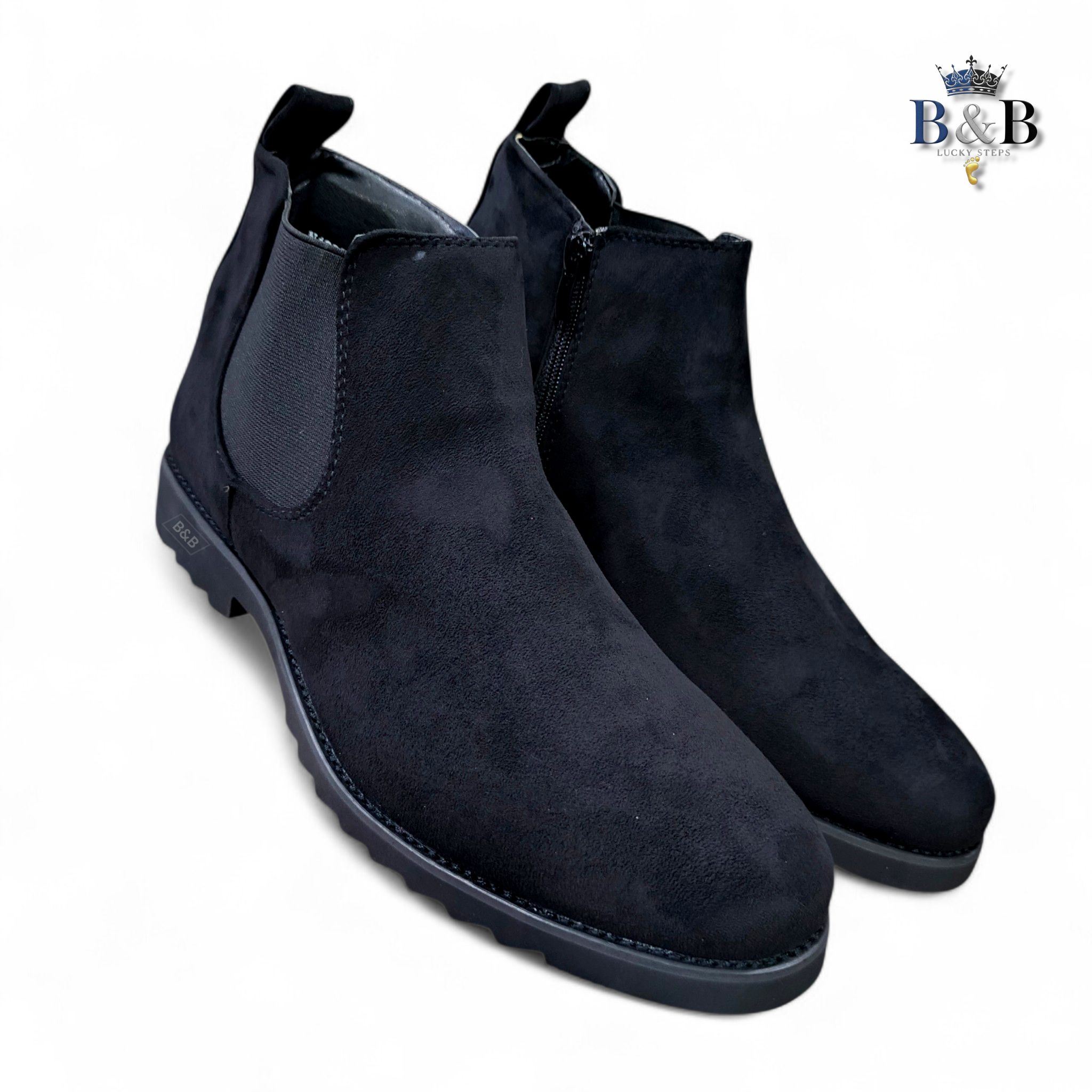 Men’s Premium Black Suede Chelsea Boots, Sleek Side-Zip Ankle Boots. Urban Suede Chelsea Boots in Matte Black, Trendy and Lifestyle Oriented. Formal Black Suede Ankle Boots with Easy-Access Side Zippe