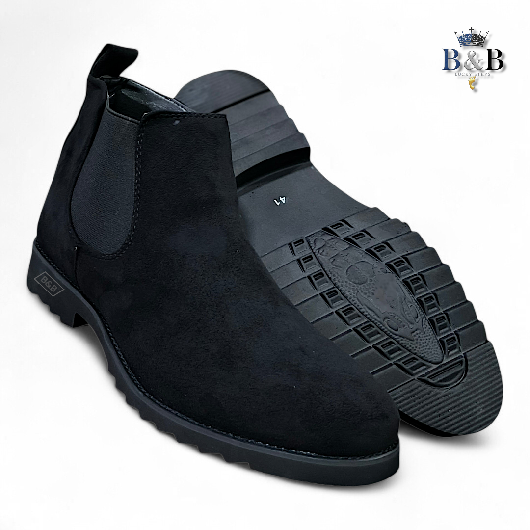 Men’s Premium Black Suede Chelsea Boots, Sleek Side-Zip Ankle Boots. Urban Suede Chelsea Boots in Matte Black, Trendy and Lifestyle Oriented. Formal Black Suede Ankle Boots with Easy-Access Side Zippe