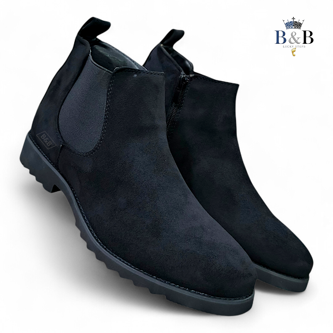 Men’s Premium Black Suede Chelsea Boots, Sleek Side-Zip Ankle Boots. Urban Suede Chelsea Boots in Matte Black, Trendy and Lifestyle Oriented. Formal Black Suede Ankle Boots with Easy-Access Side Zippe