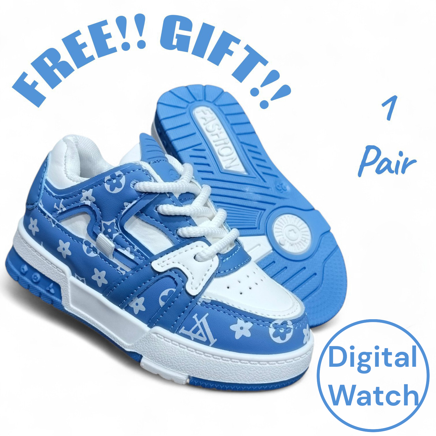 Kids Blue & White stars sneakers. Unisex kids blue star pattern sneaker for kids. Designer inspired kids blue sneakers. Fun and stylish footwear. Easy to wear lace-up kids shoes.