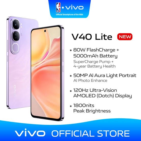 LATEST NEW VIVO V40 LITE [8GB RAM+256GB] 80 WATTS FLASH CHARGE,5000 WATTS,ON DISPLAY FINGERPRINT SCANNER, DUST AND SPLASH RESISTANT 25 MONTHS WARRANTY, 50MP CAMERA  WITH AURA RING PHONE