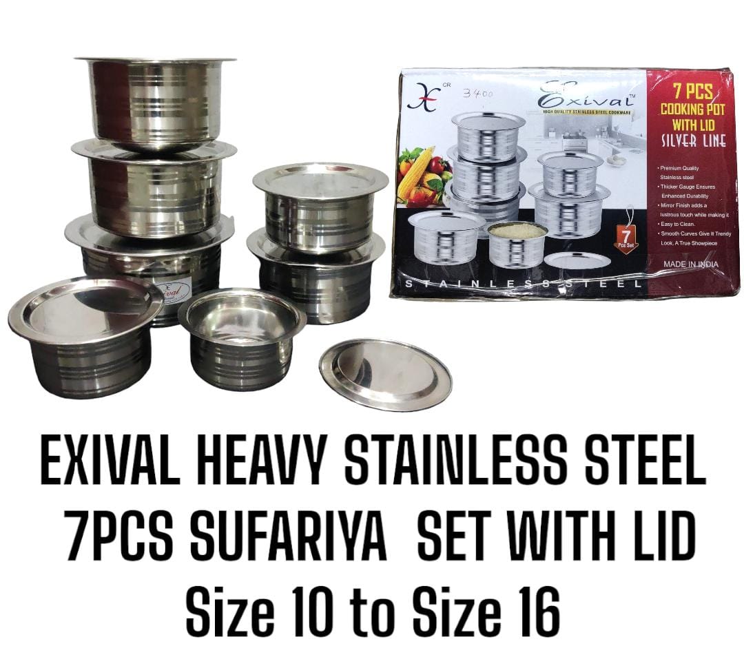 7pcs Exival Heavy Duty Stainless Steel Sufuria Set With Matching Lids.Made of and pure aluminum encapsulated in the base for fast and even heating and optimal cooking performance.Tight-fitting covers.